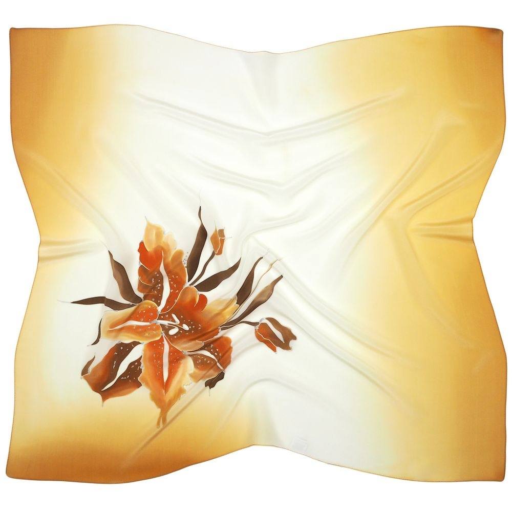 Apaszka jedwabna r�cznie malowana w kwiaty pomara�czowa 86x83cm AM-1017